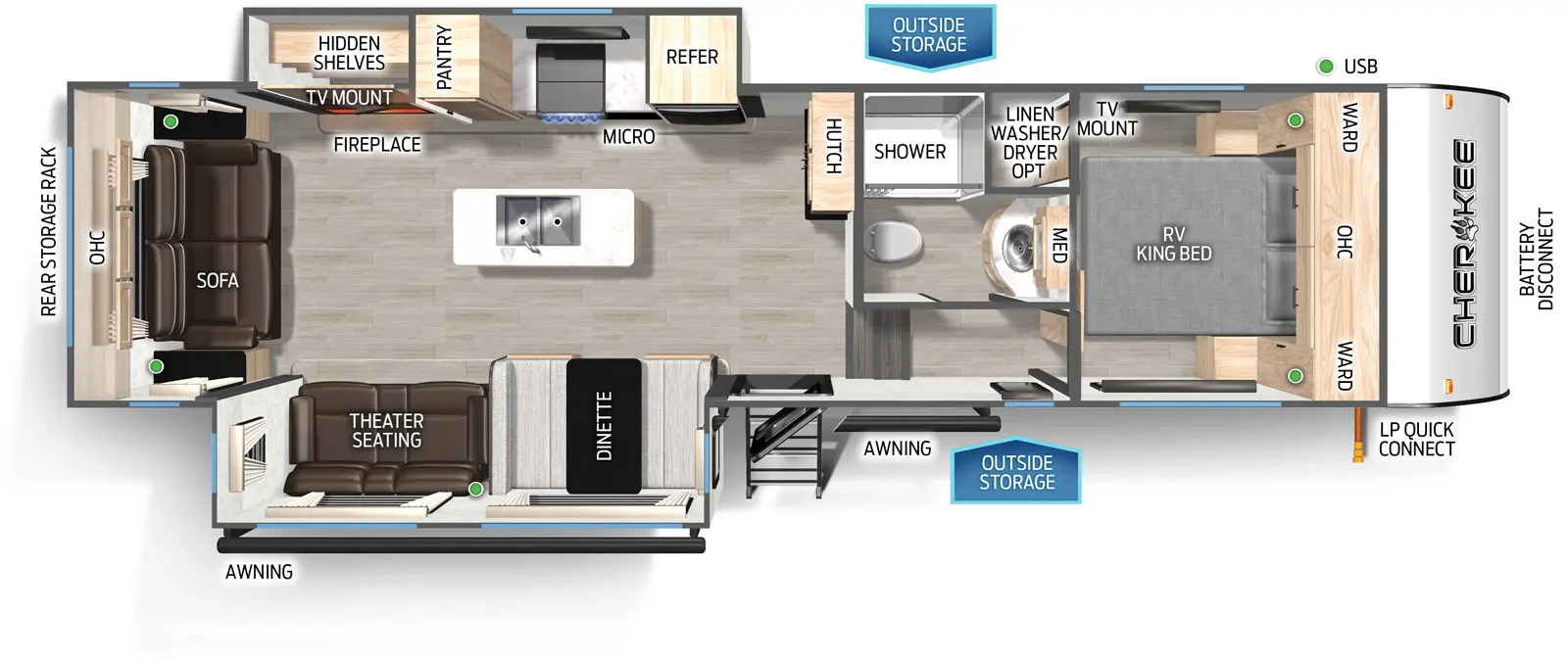 The Cherokee Black Label 295SBBL floorplan has one entry and two slide outs. Exterior features include: fiberglass exterior. Interiors features include: kitchen island, front bedroom and rear living.